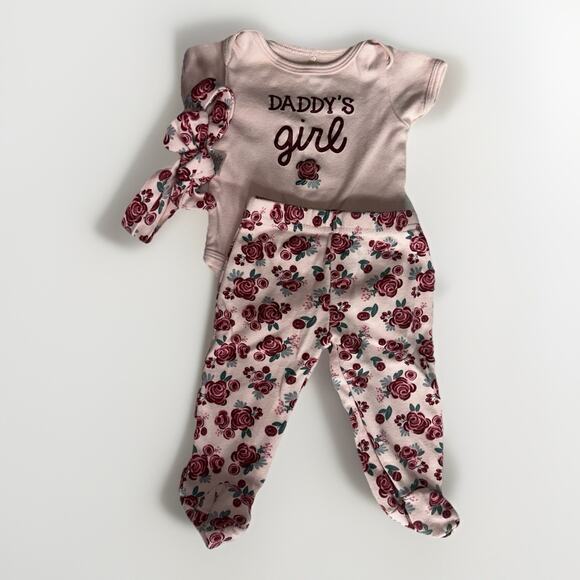Chick Pea Baby Girl Outfit 3–6M Pink Daddy’s Girl Bodysuit Floral Pants Headband - Picture 1 of 5